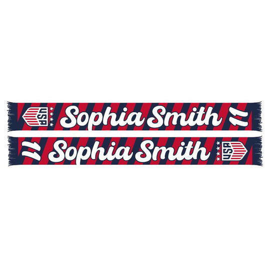 Ruffneck USWNT Sophie Smith 11 HD Knit Scarf in Blue, Red, and White - Front and Back View